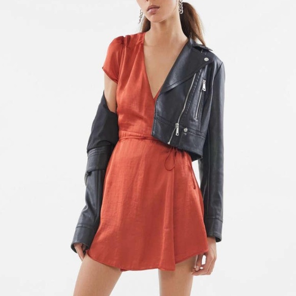 UO Satin Wrap Dress Short Sleeve Rust Size S - Picture 2 of 8